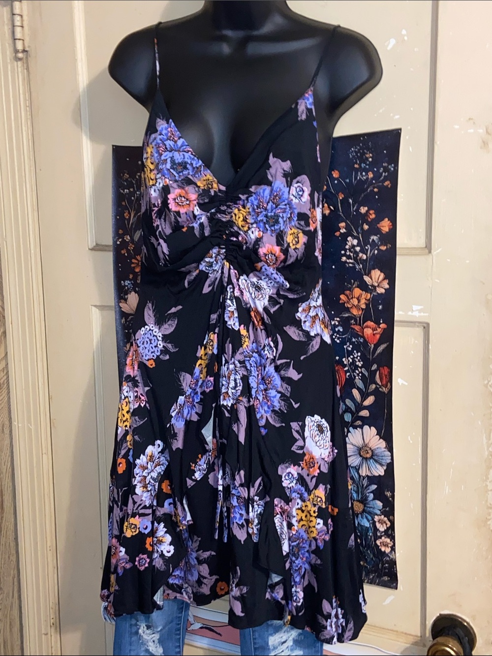 HAPPY HEART FLORAL MINI DRESS Black & Purple Free People NWT